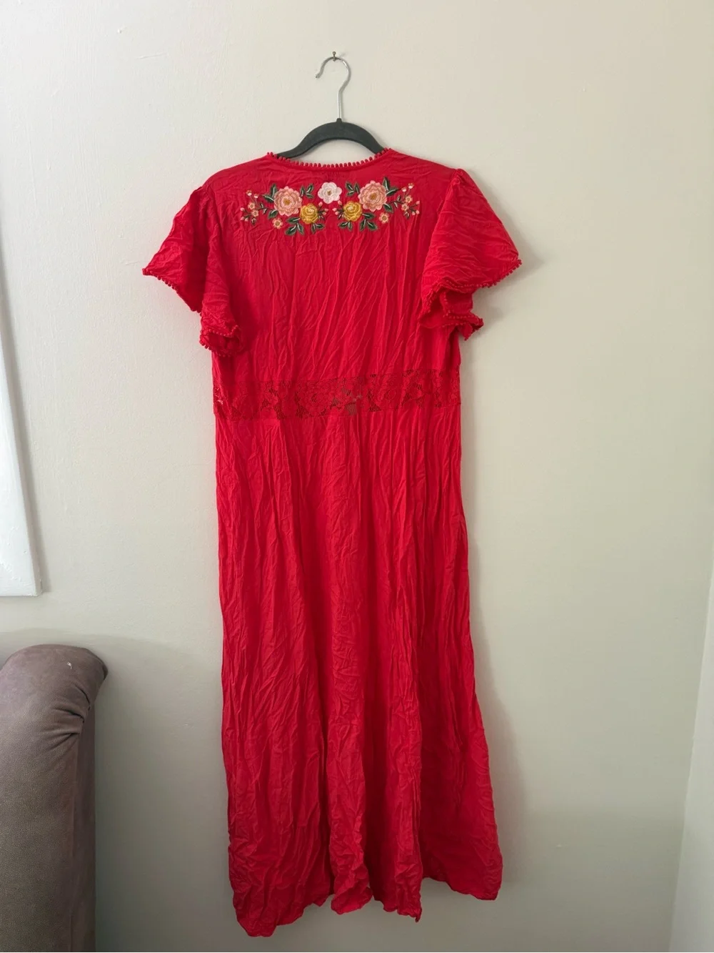 Floral Embroidered Red Maxi Duster Summer Kimono w/ Tie Front Size Lg Forever 21 - Picture 7 of 12